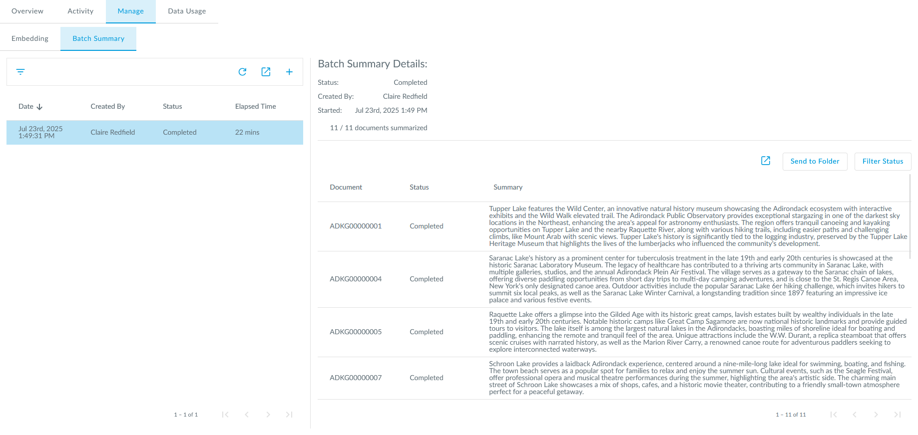 Bulk summary results